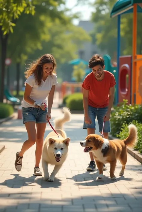 Two pairs of opposite gender ren are playing with  2 dog on a Play ground 