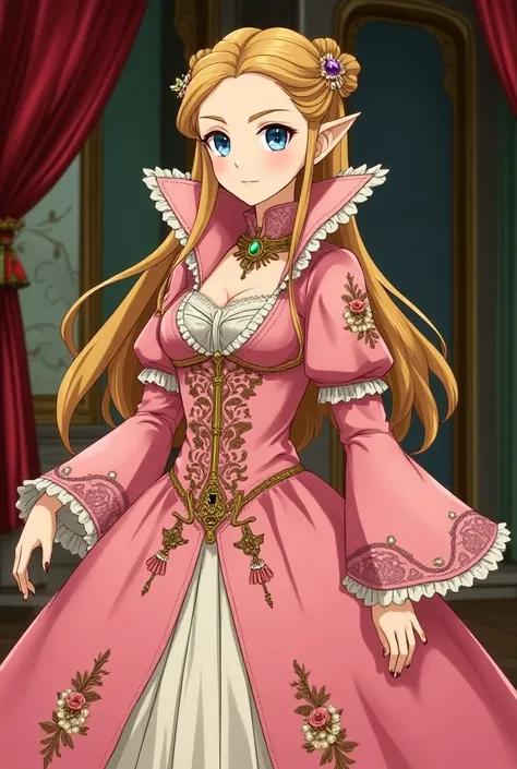 1400s Anime, Renaissance Princess Zelda wearing a Pink Dress with a Massive Medici Popped Collar