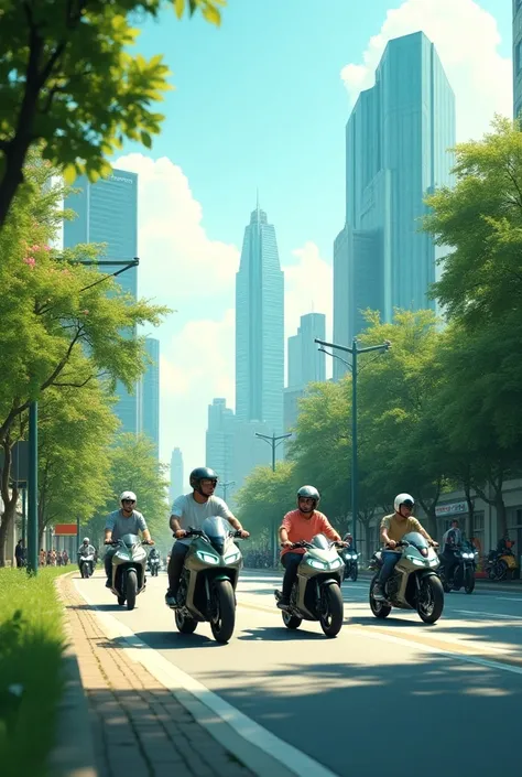 people riding electric motorcycles in green city