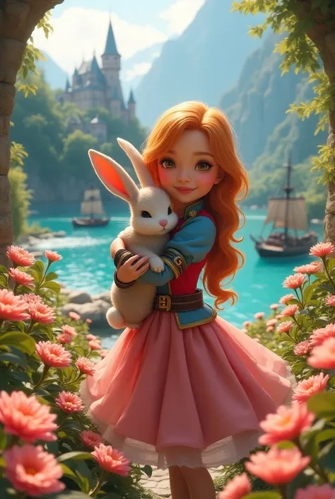 a alice wonderland girl beautiful valkyrie,gazing at viewer, smile, mitts,red blue jacket, pink skirt,belt, puff sleeves, single clamp, fingerless mitts, hair orange flow, pink mitts, dynamic pose,natta,plein-air,citys, peach  flowers around (volumetric li...