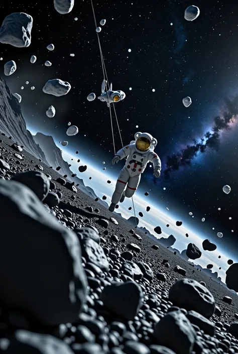 A photo of an astronaut floating in outer space surrounded by a dense asteroid belt. The astronaut is wearing a spacesuit and is tethered to a spacecraft. The spacecraft is in the background. There are many large and small asteroids of various shapes and s...