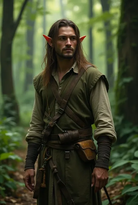 elven druid, male, ((equivalent of 32 in human age)), pointy ears, ((long brown straight hair, slightly messy)), wild, ((worn, slightly dirty clothing made of natural fibers, hide, and leather)), ((handsome face, slim but not hollow, with defined features ...