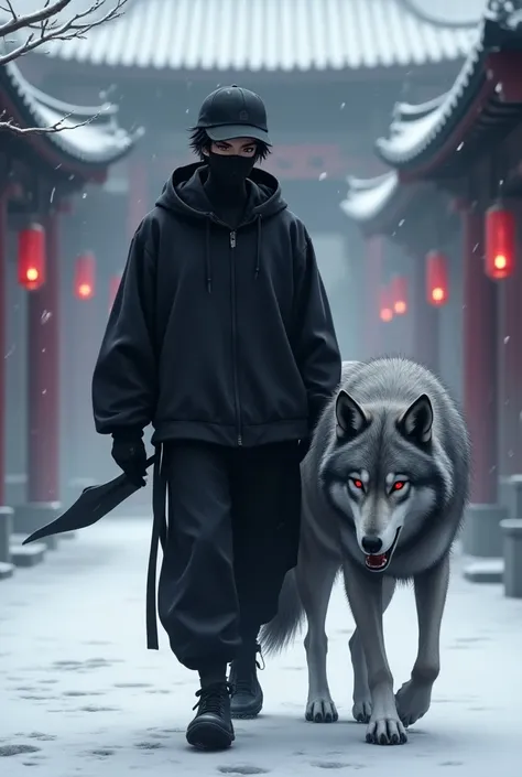 1 young man, 1 gray wolf, unasha : wearing a black mask,  in a black sweatshirt , in black pants,  wearing black ankle boots ,  wearing a black cap , black hair,  red eyes,  are walking with a wolf from a Chinese temple, anime sword master online 
Its wint...