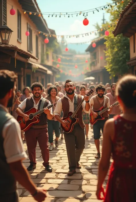 Band singing and audience dancing in the background, in a village 