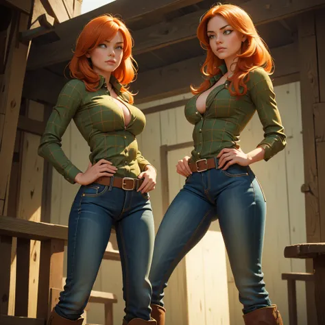 1 girl, Best Quality, masterpiece, cowboy shot, Orange hair, green eyes, tight clothes, barn, Wet, Green checkered shirt, Labor, sexy, Tight jeans, riding boots, half , cow print clothing:1.5, seductive, provocing, masterpiece, (dynamic angle:1.2), (dynami...