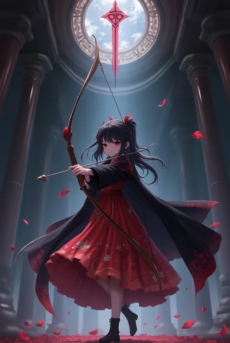 Black-haired anime girl wearing a red floral dress with a black cape with a bow and arrow pointing from a ceiling 