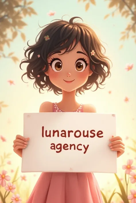  Animate girl with short curly hair wearing a flirty dress holding a white board containing the text (lunarouse agency )  and shows it to the viewer 