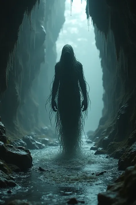 Suspicious rope figure walking through a dark cave with flowing water