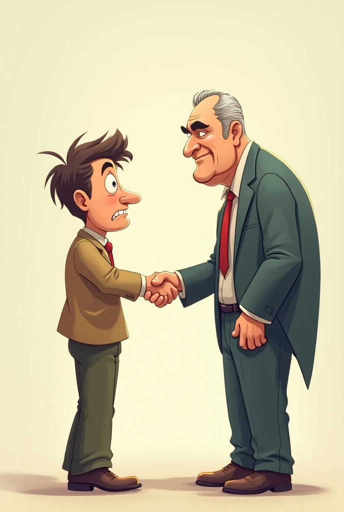 Shaking hamd with powerful man with interrogation question in cartoon and funny style