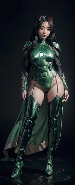 Full Body Photo. Standing in a full height. Studio Background. 8k HD good quality image. Jihyo from Twice has an ideal body, big breast, big butt, sexy wavy body, straight long hair, wearing a Green Full Iron Man armor without the helmet. Emerald boots. In...