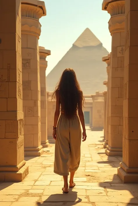 A girl with long brown hair and baggy clothes visits Egypt