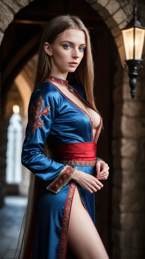 ​masterpiece, ultra detailed, 8K, Raw photo, Realistic light, Cinematic composition, Realistic face, Realistic skin, Long Straight Hair (Big Breasts:1.6 girl from Ukraine), Blue Eyes, (sexy Slit Red traditional clothes), cute sexy, pleasure, perfect anatom...