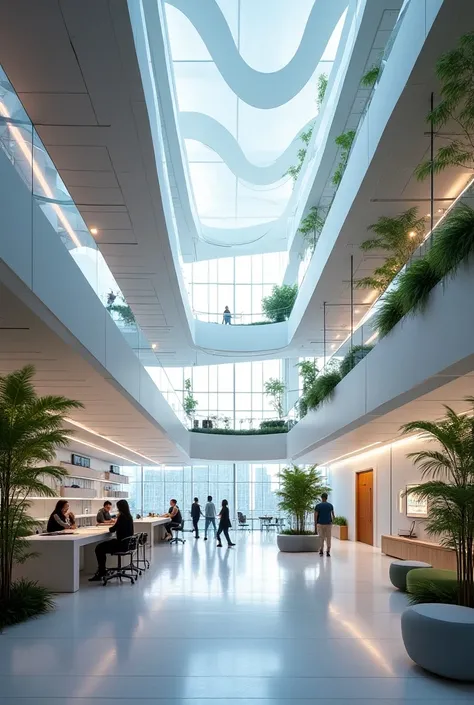 Make an interior design of the Company 2 storey building name Aether Craft. Make it unique. Aesthetic design. Futuristic look. The perspective is inside of the building. With different angle 