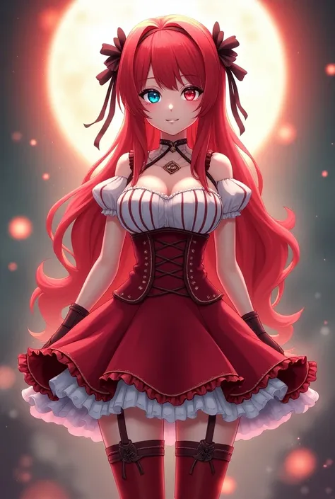  A  with a developed and curvaceous body mainly on her chest ,  height slightly below average with long hair,  crimson red eyes that reached her waist , large and curious light cyan eyes.  I was wearing a magic girls uniform includes a high-waisted bubble ...