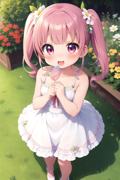 masterpiece,ultra detail,best quality,1girl,petite,chibi, watahana,outdoor,flower garden,happy,blush pretty dress,holding large lollipop candy,from above,kirakira effect,