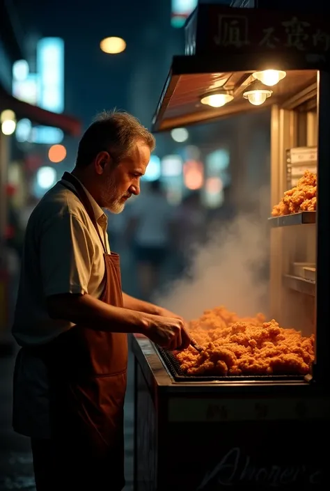 A men, selling fried chicken, street food stall, evening view, white light, details, photography style, 