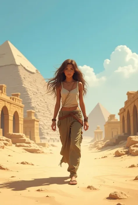 A girl with long brown hair and baggy clothes visits Egypt、Walking towards here