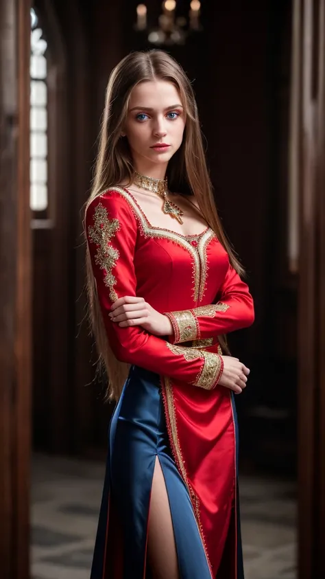 ​masterpiece, ultra detailed, 8K, Raw photo, Realistic light, Cinematic composition, Realistic face, Realistic skin, Long Straight Hair (Big Breasts:1.6 girl from Ukraine), Blue Eyes, (sexy Slit Red traditional clothes), cute sexy, pleasure, perfect anatom...