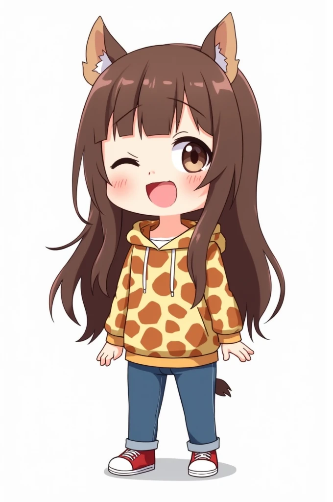 Score_9,Score_8_Superior,Score_7_Superior,a girl, long brown hair,Alone,wearing hoodie with hood and giraffe print, Jeans, sneakers, Chibi,bangs,Blush,smile,standing,Full body,poses,Open your mouth,Personal audience ,Hoodie,wearing a hood,Langarm,Look at h...