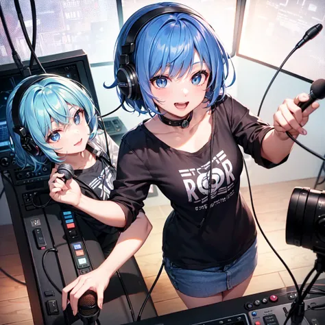 "A character in the style of a radio DJ is speaking inside a radio booth. The scene shows a cozy and modern radio studio with warm lighting, featuring a microphone, headphones, and soundboard on a wooden desk. The DJ has an energetic and friendly expressio...