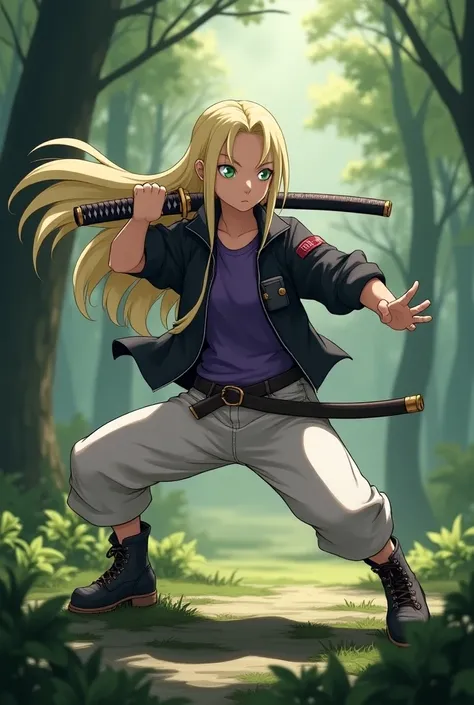 A girl with pale green eyes, straight hair, blonde hair, in purple T-shirt,black jacket,white shorts at length of the knee, summer boots,with katana ,training in the forest,shinobi accessory, long hair,she is shinobi from Konoha.