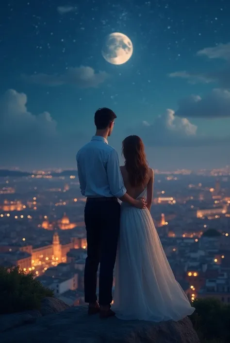 create a couple, at night, no high da montanha, looking at Rome , starry moonlight , clima de romance. ele: It&#39;s white, high, 30 years, strong, beautiful, eyes azuis,  short straight medium brown hair , There are , eyes, boca, orelha e perfect nose, ve...