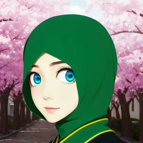 Anime girl wearing a hijab with bright green color, wearing a dark green uniform, on the collar of the bright green uniform there is a black zigzag line on the collar and a yellow line on the edge of the collar, the girl is facing backwards while smiling, ...