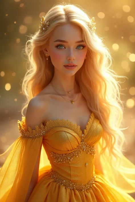 Princess in the golden outfit with blue eyes and blonde