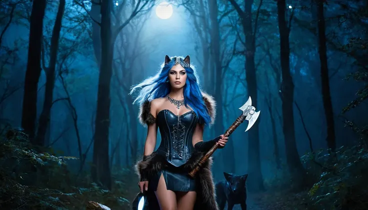 ultra-realistic, mystical scene featuring a sexy female pagan warrior with long, flowing blue hair and striking brown eyes. She wears a very short, figure-hugging leather dress with fur trim and silver embellishments, paired with a tight corset and high he...