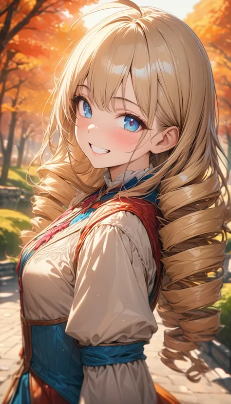 woman,,  viewers, Long Hair, Ahoge, blonde, Drill Hair, blue eyes, Slanted Eyes, Grin, The Three Musketeers Outfits ,   upper body、  Autumn Leaves Park Background , Speedy Shot,  Top Quality Masterpiece, detailed, ultra detailed, hyper detailed, insanely d...