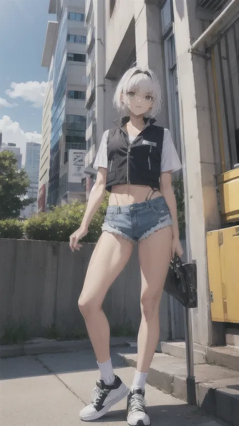  White Short Hair Big Chest Black Skin Beauty，short sleeve shirt，Vest，Bare waist，Abdominal muscles，denim shorts，Bare Legs，white socks，sneakers，Standing，sun，City， High Resolution, 