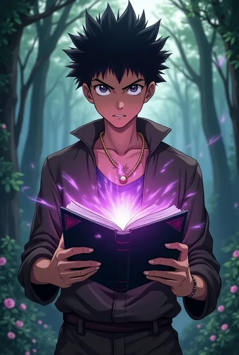 Now see 
Create it in anime style hxh 
I would he a boy 16-s 
Indian asian with great aura 
Brown color skin tone 
Big Dark brown eyes and hairs 
Clothes like kurapika but a bit different also necklace and rings   
Holding the books 
The book to be purple ...