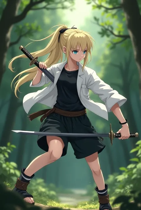 A girl with pale blue eyes, straight hair, blonde hair, in black shirt,white jacket,black shorts at length of the knee, summer boots,with katana ,training in the forest,shinobi accessory, long hair,she is shinobi from Konoha,white skin 