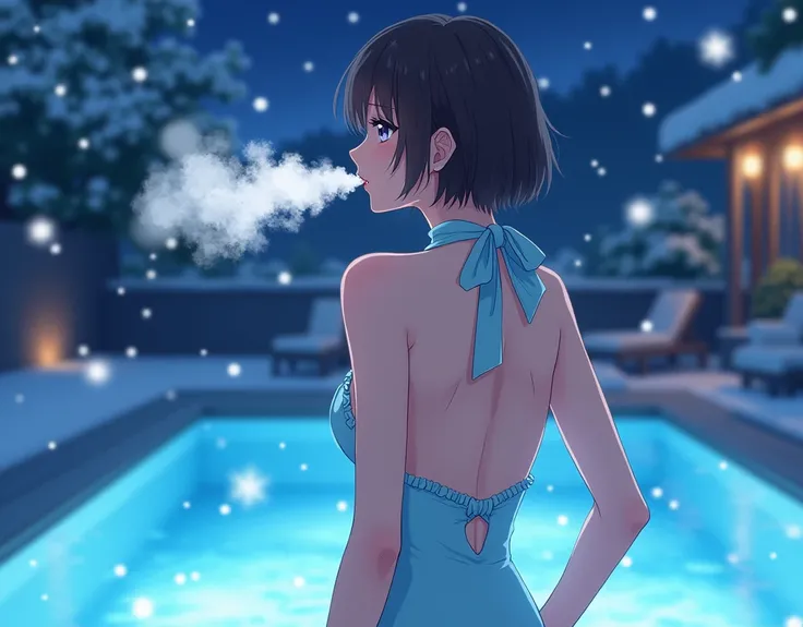 beautiful, masterpiece, detailed, best quality, (anime drawing), woman, pixie cut dark brown hair, light blue backless frilled halterneck one-piece swimsuit, back view, facing completely away, poolside, late night, starry sky, snowing, ((lots of visible cl...