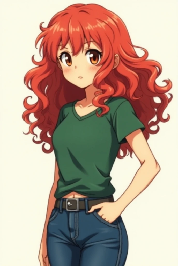  A 17-year-old red-haired anime character,  intelligent,  Madura,  long-haired curly ,   jeans and green t-shirt  