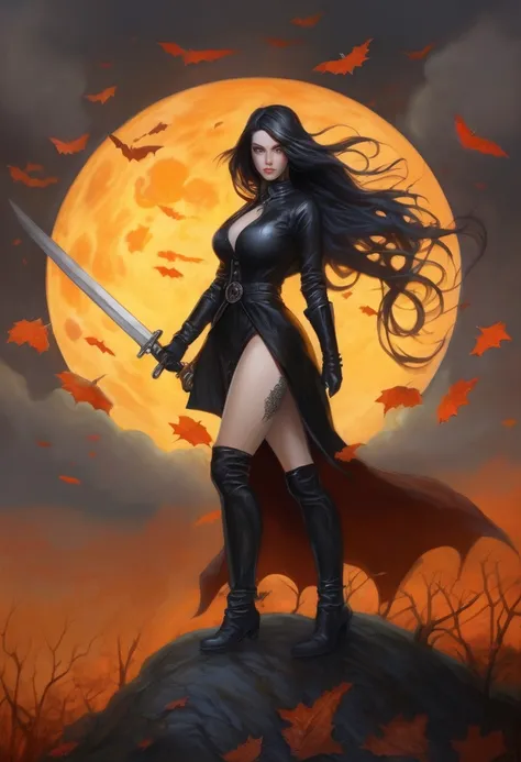 A sexy woman (age 25, gorgeous butt, large perky breasts, toned belly, hourglass figure, role of headless horseman, black cape, soldier shirt unbuttoned revealing her evil chest and belly tattoo, nipples covered by shirt, belt with sword in scabbard, soldi...