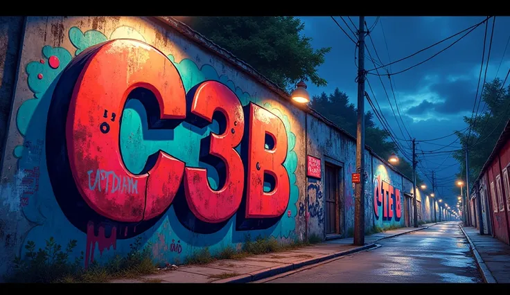 graffiti wall background with C3B letters, dark sky, lights, no shadow on the street, cartoon style painting