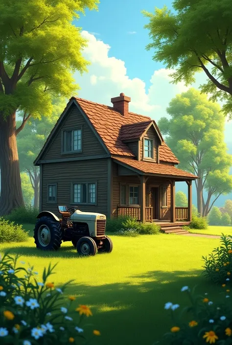 There is a decent house in a village. There are trees all around the house. There is a tractor in front of the house. The spring season is going on 