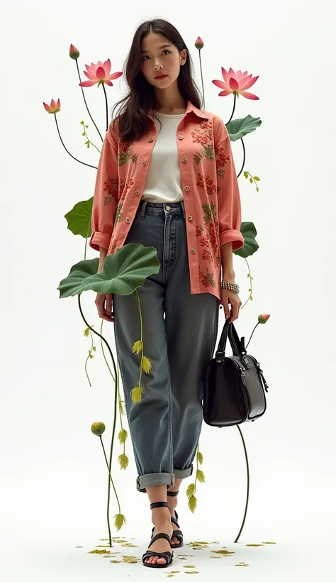 Super pretty girl model in the form of mangosteen and hanging lotus flowers， artistic design of loose fit shirts for spring and autumn 2025，Vivian.Westwood Style，Chiffon fabric ， high quality fabric ，--Aspect Ratio 1 : 2 --quality 2 --stylized 500 --v 6 .1...