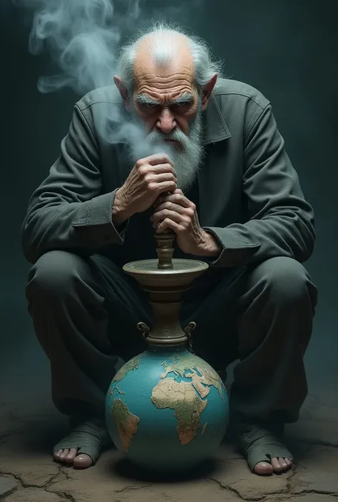 Draw A hookah where the bottom round part will like an earth,  An angry old man sitting behind the hookah, drinking the hookah