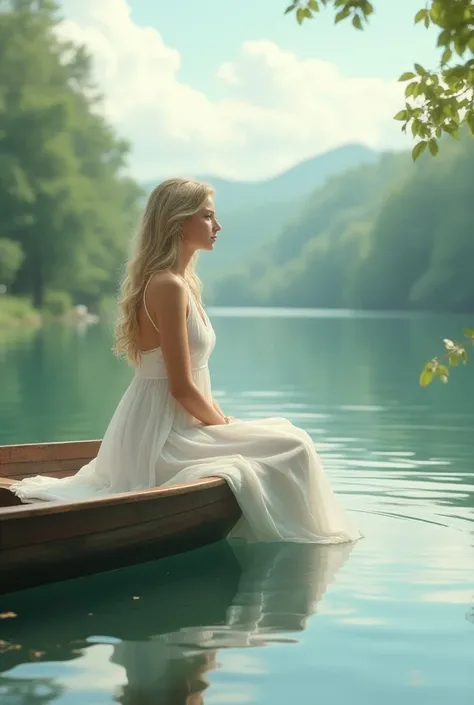 Beautiful girl sitting on a boat wearing a white dress 