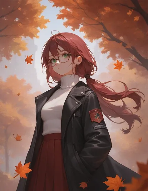 score_9, score_8_up, score_7_up, score_6_up, score_5_up, score_4_up, 1 girl, burgundy hair, long hair, glasses, two low ponytails, green eyes, black coat, turtleneck, medium breasts, skirt, autumn, leaves, detailed background, 