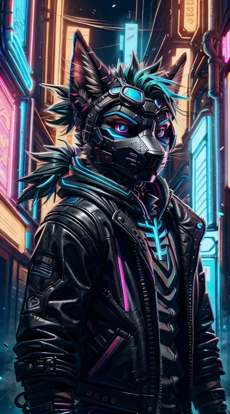 CyberpunkAI, neon, 1boy, catfolk, neon hair, neon eyes, ponytail hairstyle, black leather jacket, knife fighting, hood up,, mask,goggles,Animal Ears, 