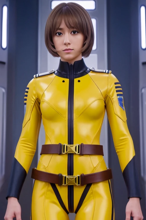 (masterpiece,best quality,absurdres,beautiful,sharp,detailed),cinematic angle,science fiction, 1girl, yellow yamatosuit, belt