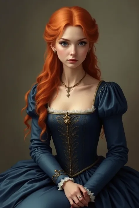 A dark orange-haired princess ,  greyish blue eyes,  pink skin and delicate European features , sitting posing for a painting, with dark blue medieval clothes. 