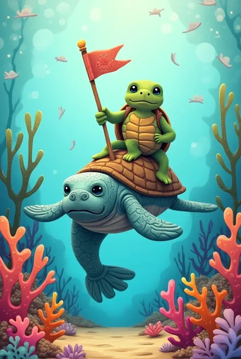 I want a logo of a turtle riding a manatee on top of some marine corals that is cardboard type and that the turtle is carrying a flag 