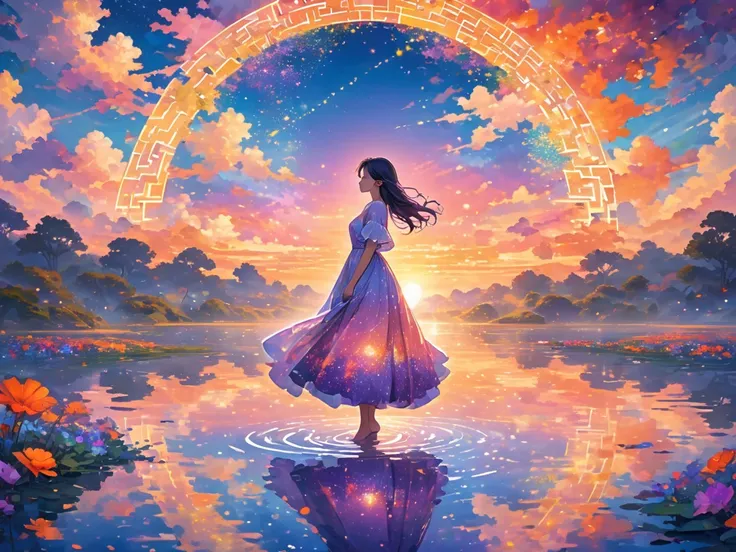 The image portrays a silhouette of a woman standing against a dazzling, colorful sky at sunset or sunrise. She is wearing a dress that seems to be embellished with sparkling lights, creating a magical and ethereal effect. The backdrop is filled with vibran...