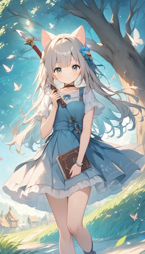   The bright lines and soft colors create a dreamy effect., Fleeting Impressions..,One Woman、The Old Tree House   、  A Girl Holds an Iron Sword  、Holding a sword、Hands２Books only、cute、  Fantasy  、  Fantasy   皮の鎧、whole body、Character portrait、