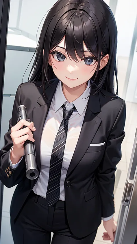 A woman in a black striped luxury suit　tie　smile　　 holding a pistol