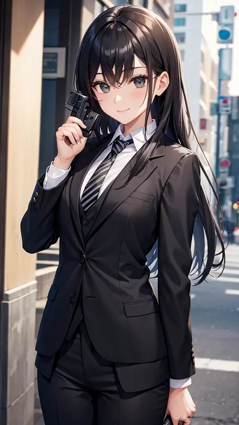 A woman in a black striped luxury suit　tie　smile　　 holding a pistol